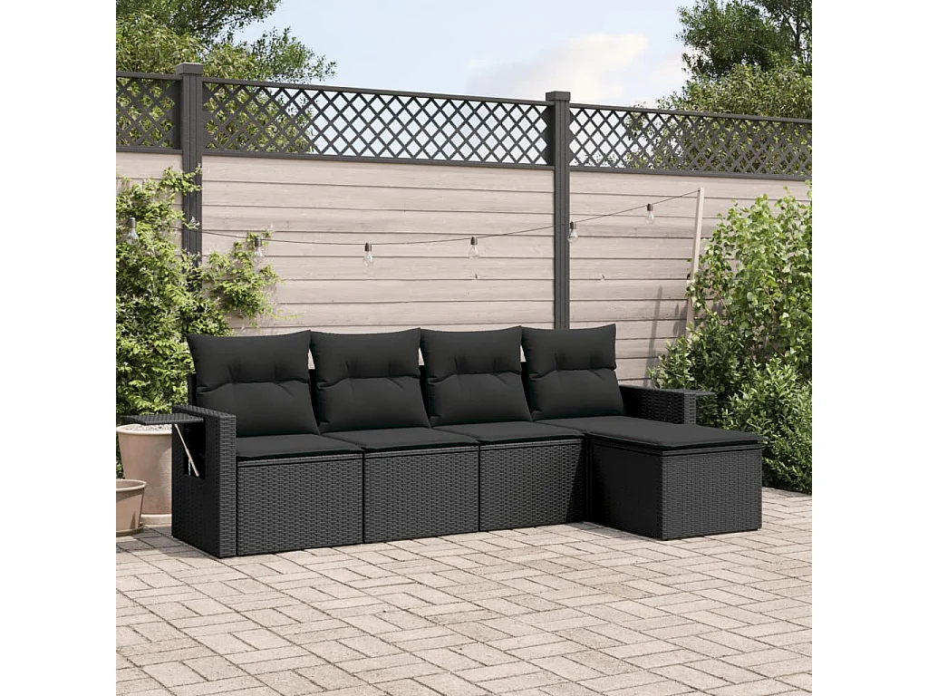 5 pcs conjunto sofás de jardim com almofadões vime PE preto PT303004