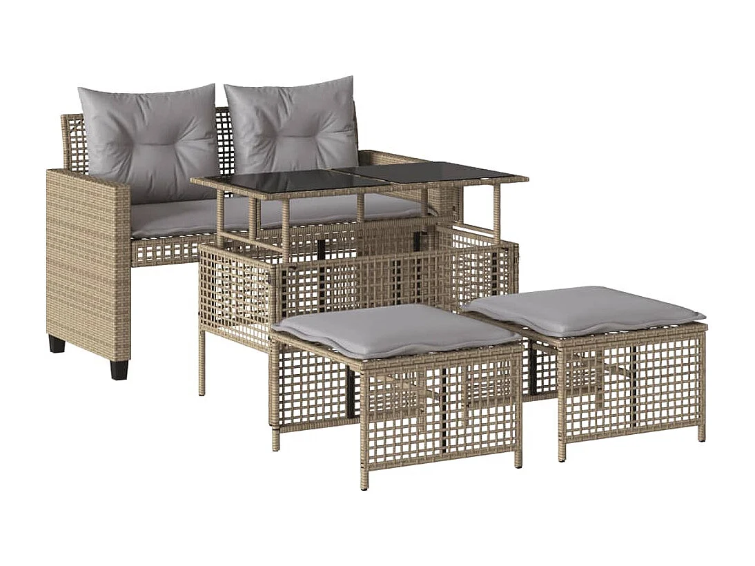 Salon de jardin avec coussins 4 pcs beige résine tressée verre FR49952