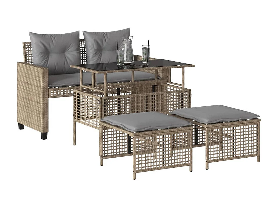 Salon de jardin avec coussins 4 pcs beige résine tressée verre FR49952