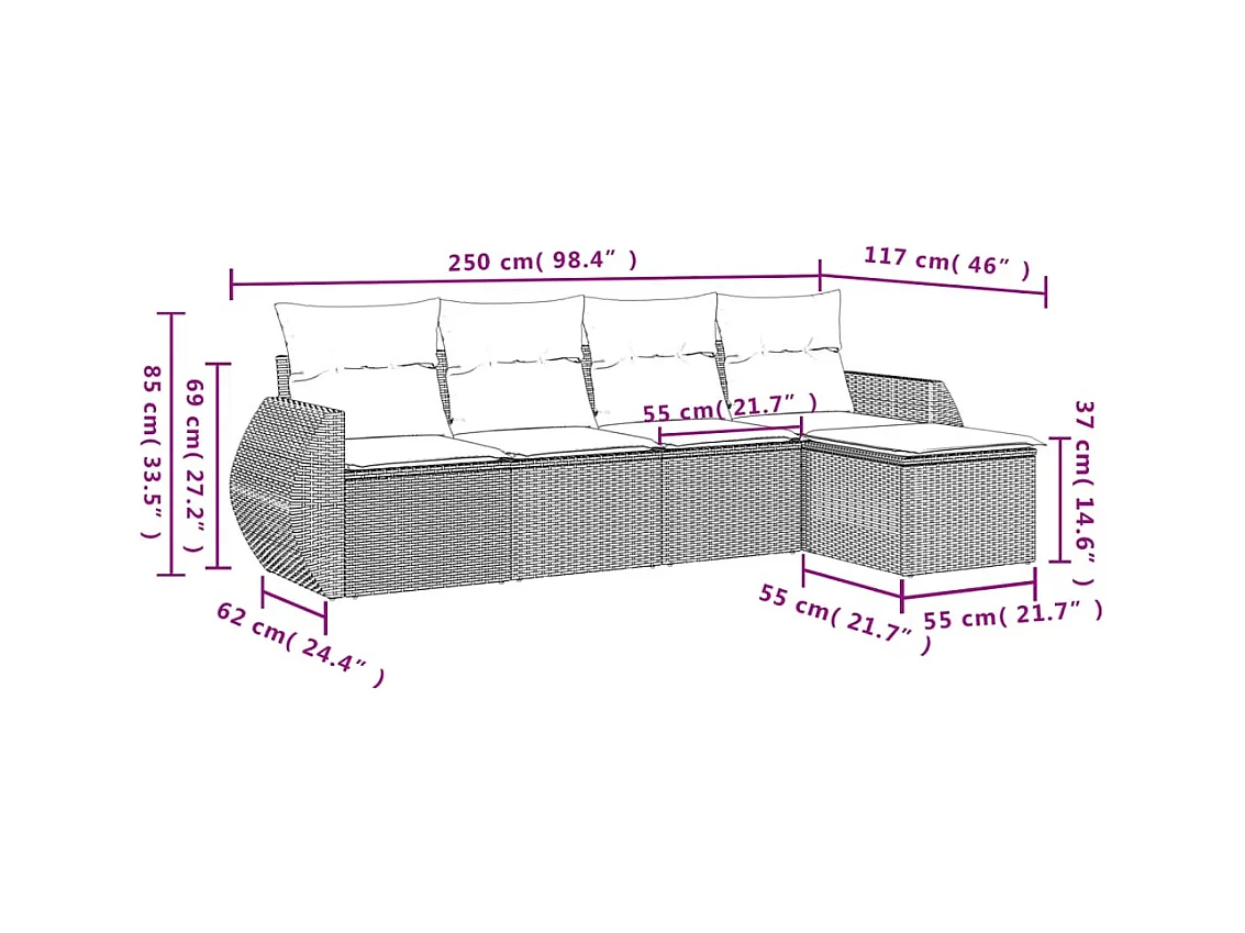 5 pcs conjunto de sofás p/ jardim com almofadões vime PE bege PT260037