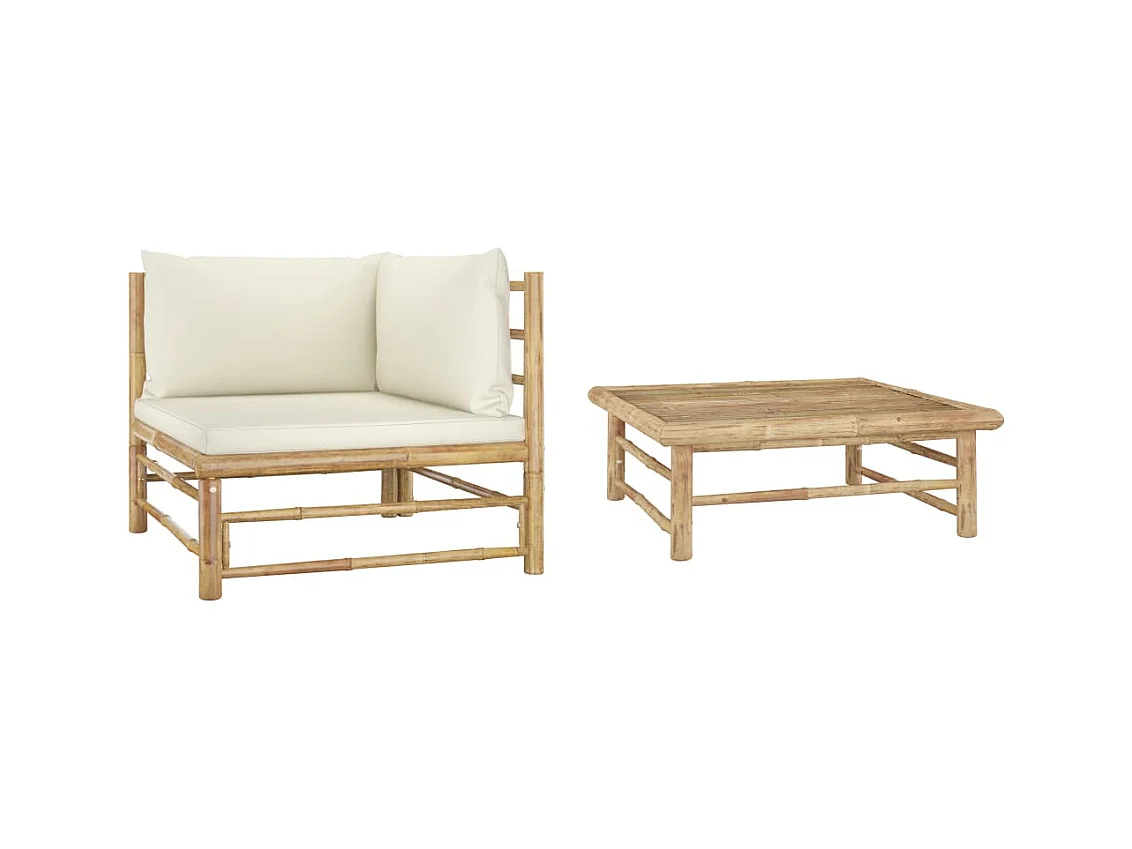 Salon de jardin 2 pcs avec coussins blanc crème Bambou FR86264