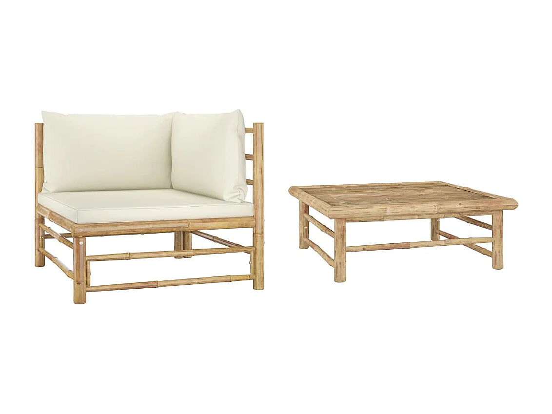Salon de jardin 2 pcs avec coussins blanc crème Bambou FR86264