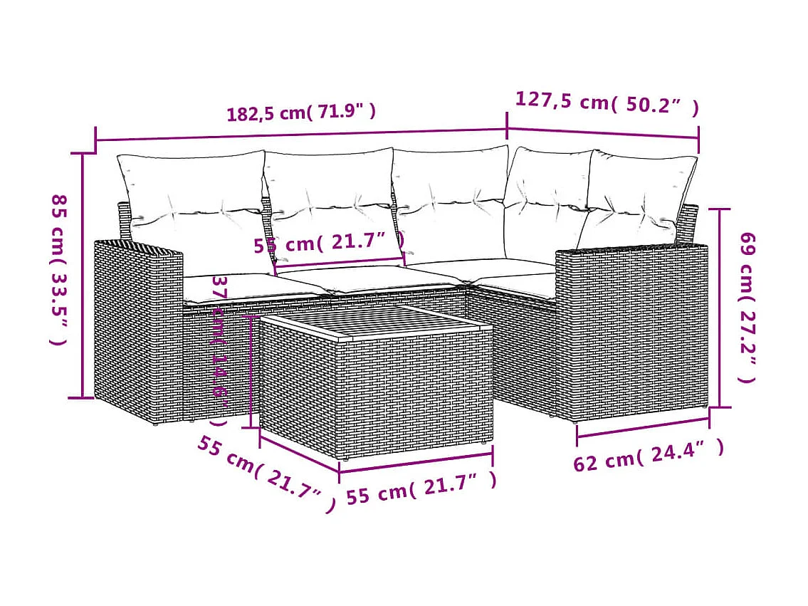 Conjunto de jardín 5 pzas y cojines ratán sintético negro ES188682