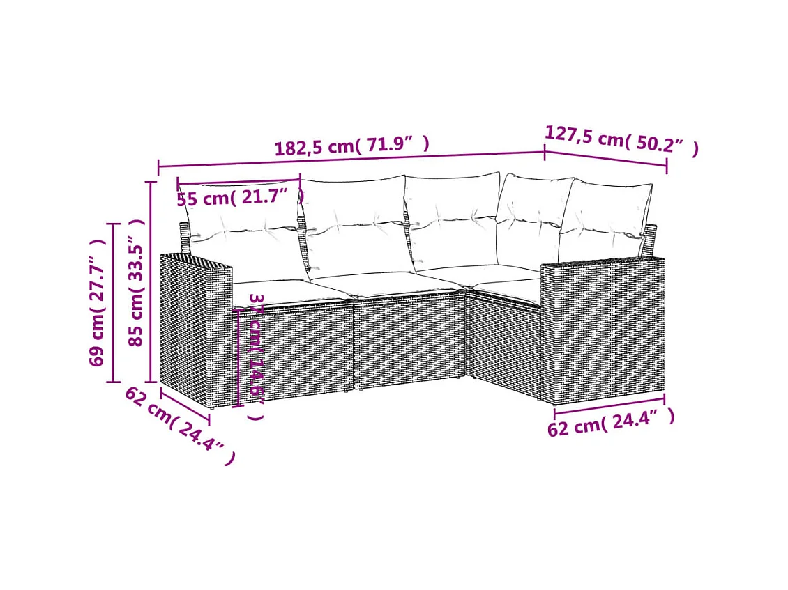 Salon de jardin 4 pcs avec coussins marron résine tressée FR84048