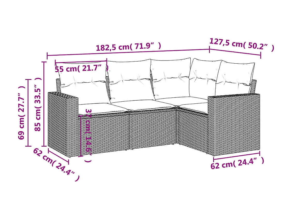 Salon de jardin 4 pcs avec coussins marron résine tressée FR84048