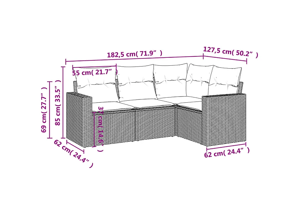 4 pcs conjunto sofás de jardim c/ almofadões vime PE castanho PT598383