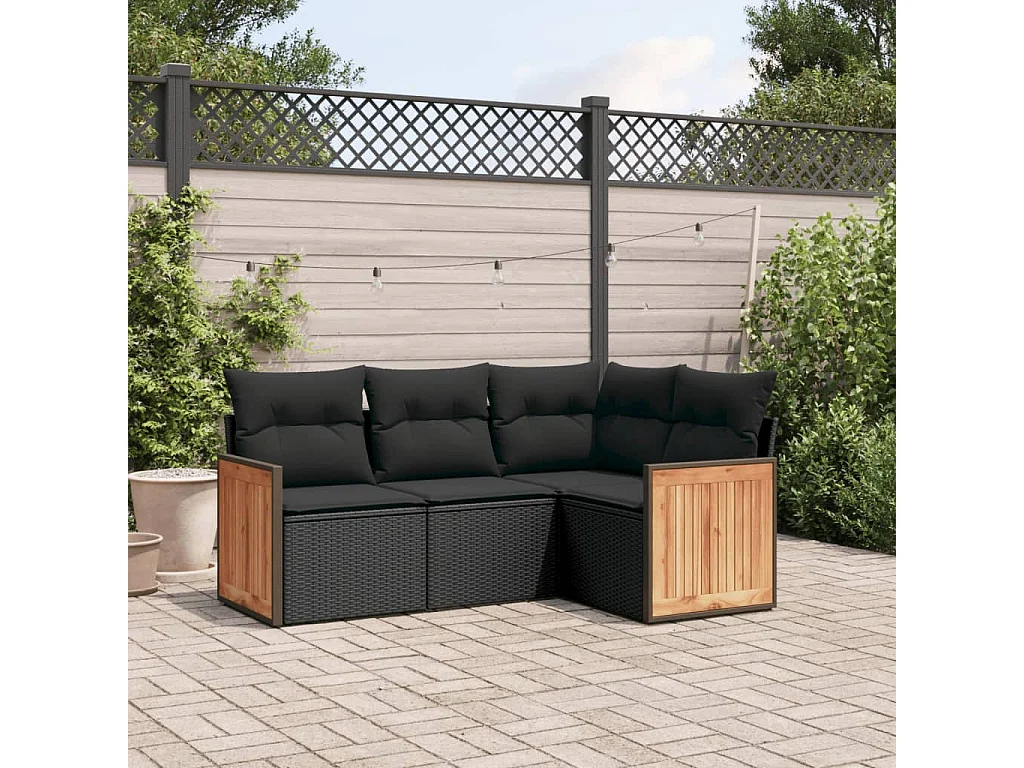 Salon de jardin 4 pcs avec coussins noir résine tressée FR85698