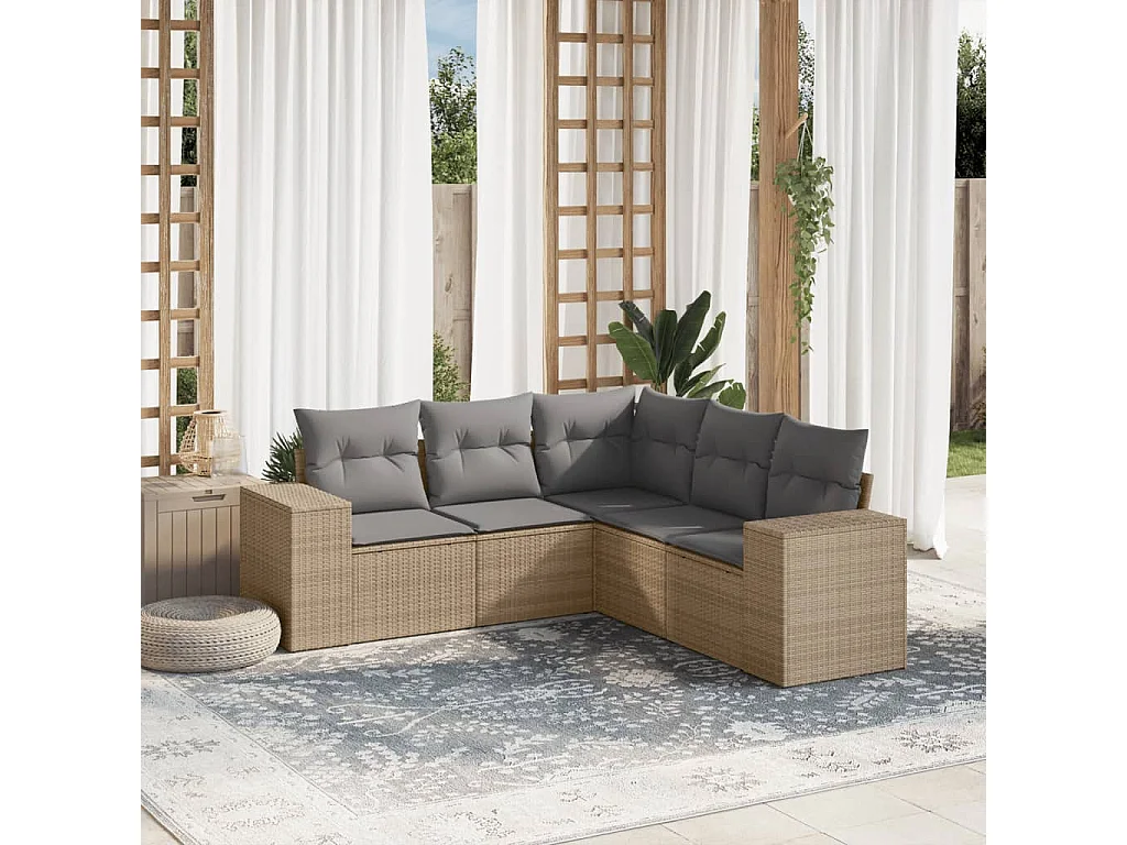 5 pcs conjunto de sofás p/ jardim com almofadões vime PE bege PT111511