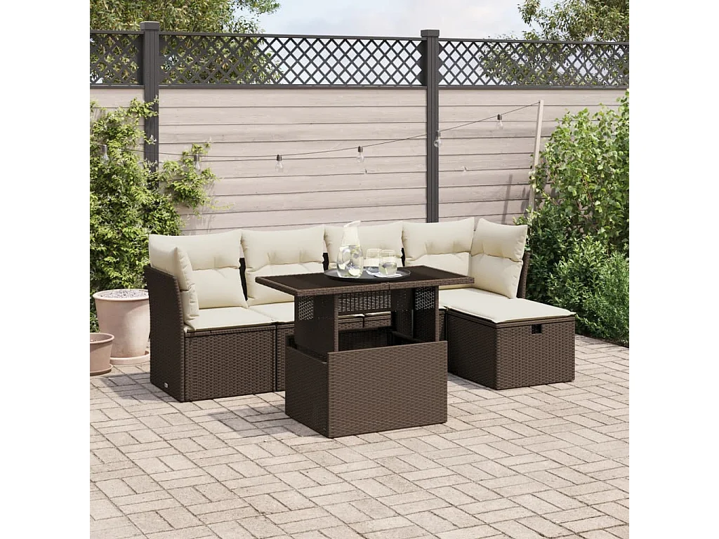 6 pcs conjunto de sofás jardim c/ almofadões vime PE castanho PT310637