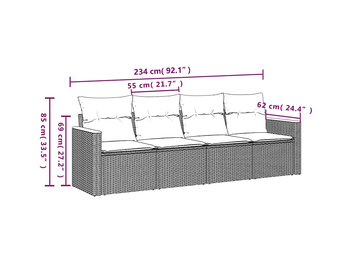 4 pcs conjunto de sofás para jardim c/ almofadões vime PE bege PT759417