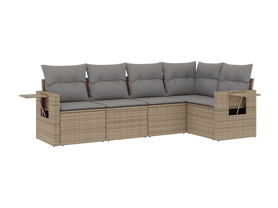 5 pcs conjunto de sofás p/ jardim com almofadões vime PE bege PT167345