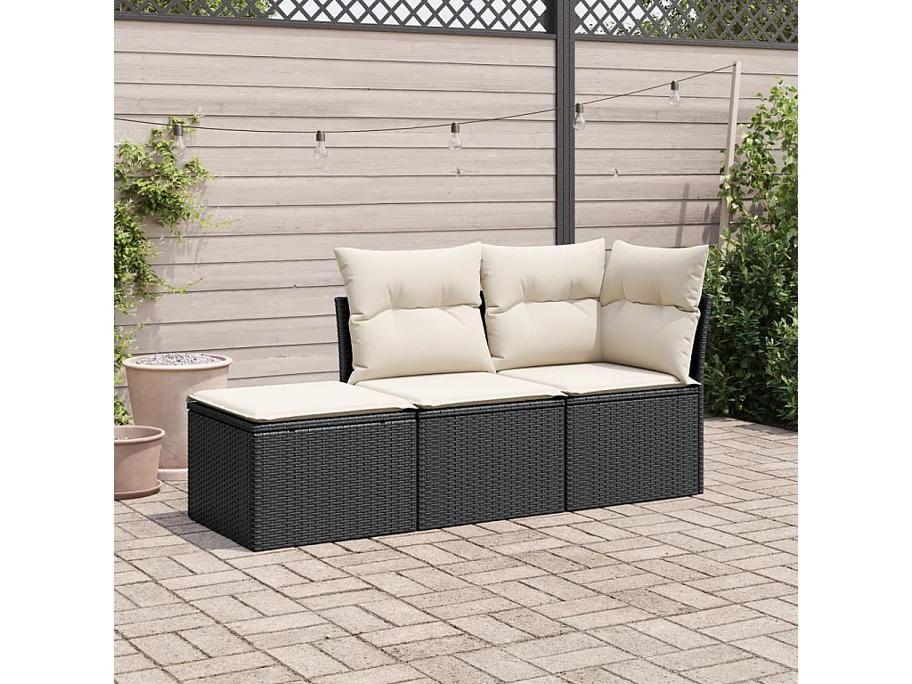 3 pcs conjunto sofás de jardim com almofadões vime PE preto PT959898