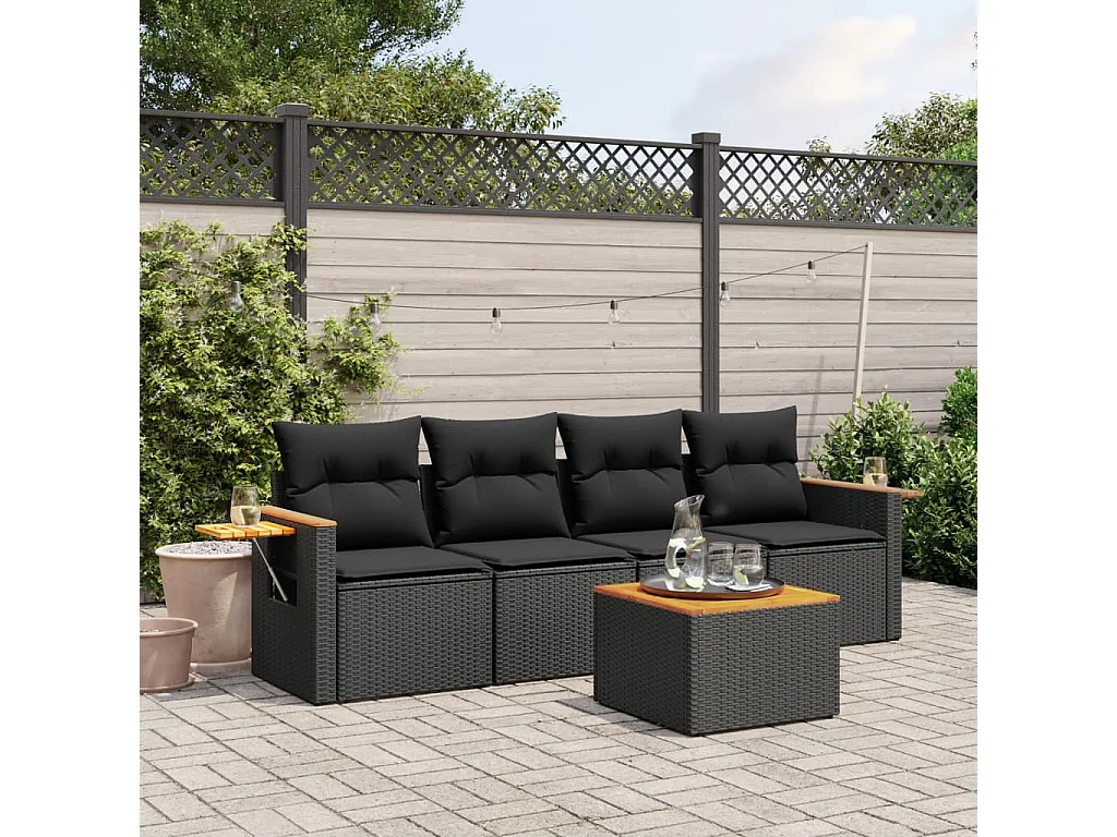 Salon de jardin 5 pcs avec coussins noir résine tressée FR41589