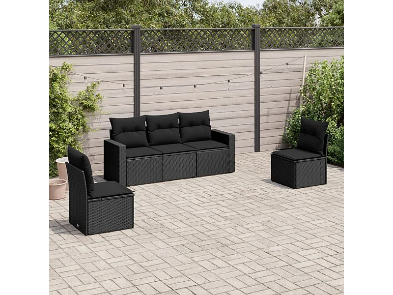 5 pcs conjunto sofás de jardim com almofadões vime PE preto PT516248
