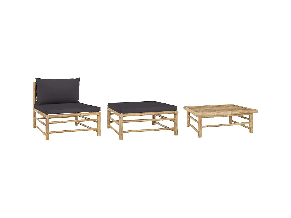 Salon de jardin 3 pcs avec coussins gris foncé Bambou FR79000