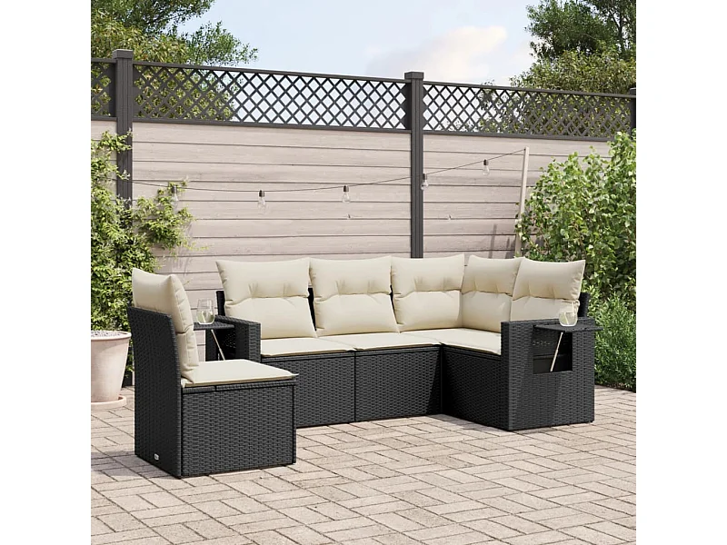 5-delige Loungeset met kussens poly rattan zwart BE307228