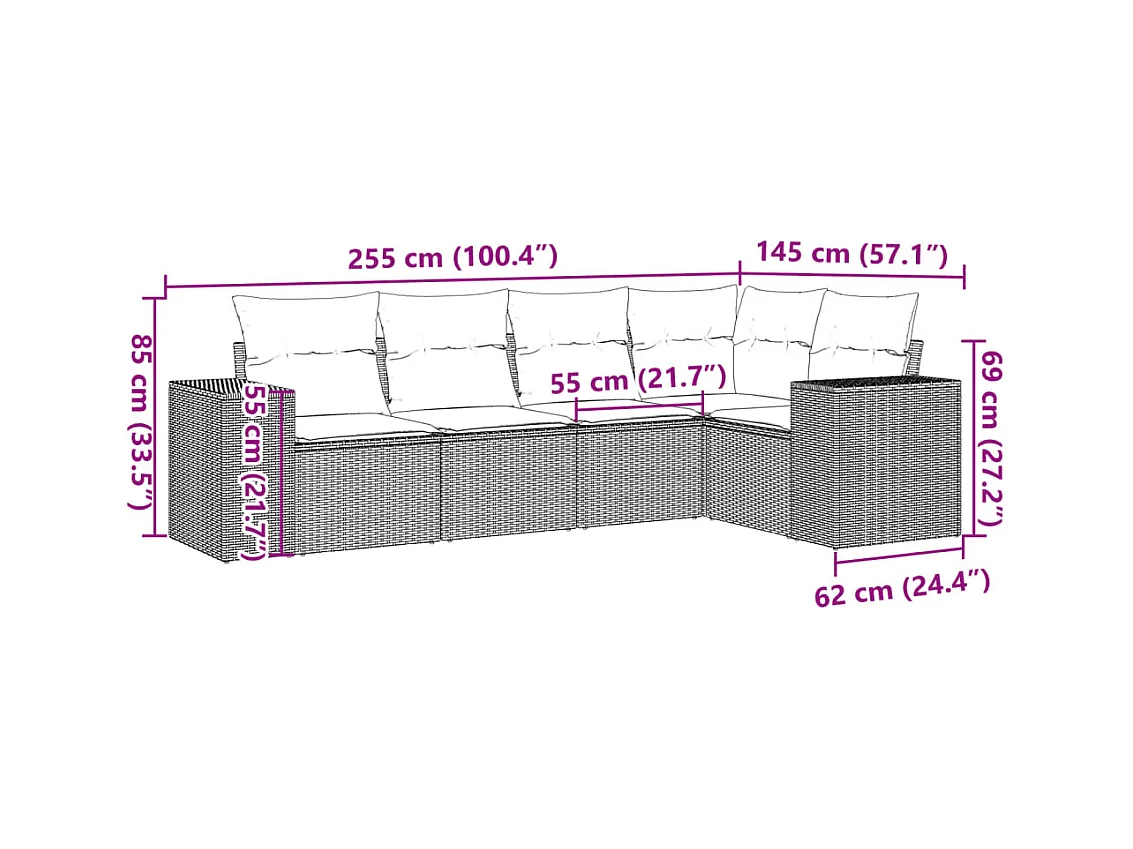 Salon de jardin 5 pcs avec coussins gris résine tressée FR93596