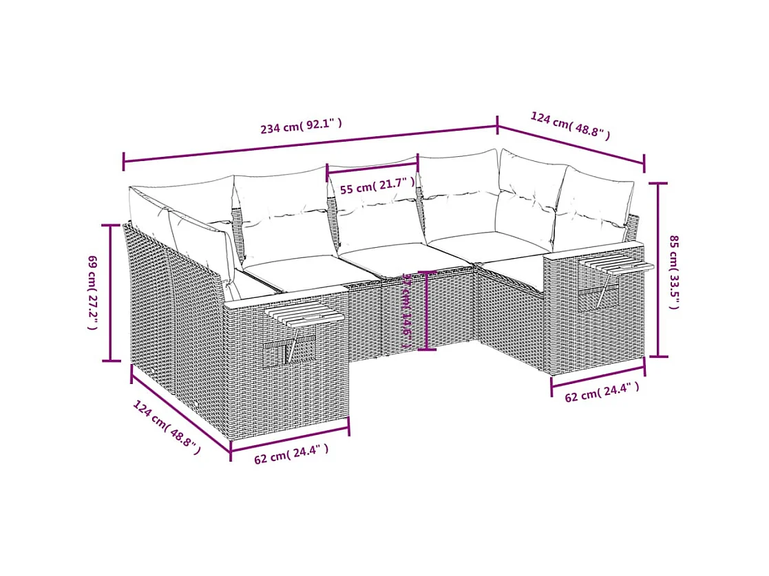6 pcs conjunto sofás de jardim c/ almofadões vime PE preto PT600423