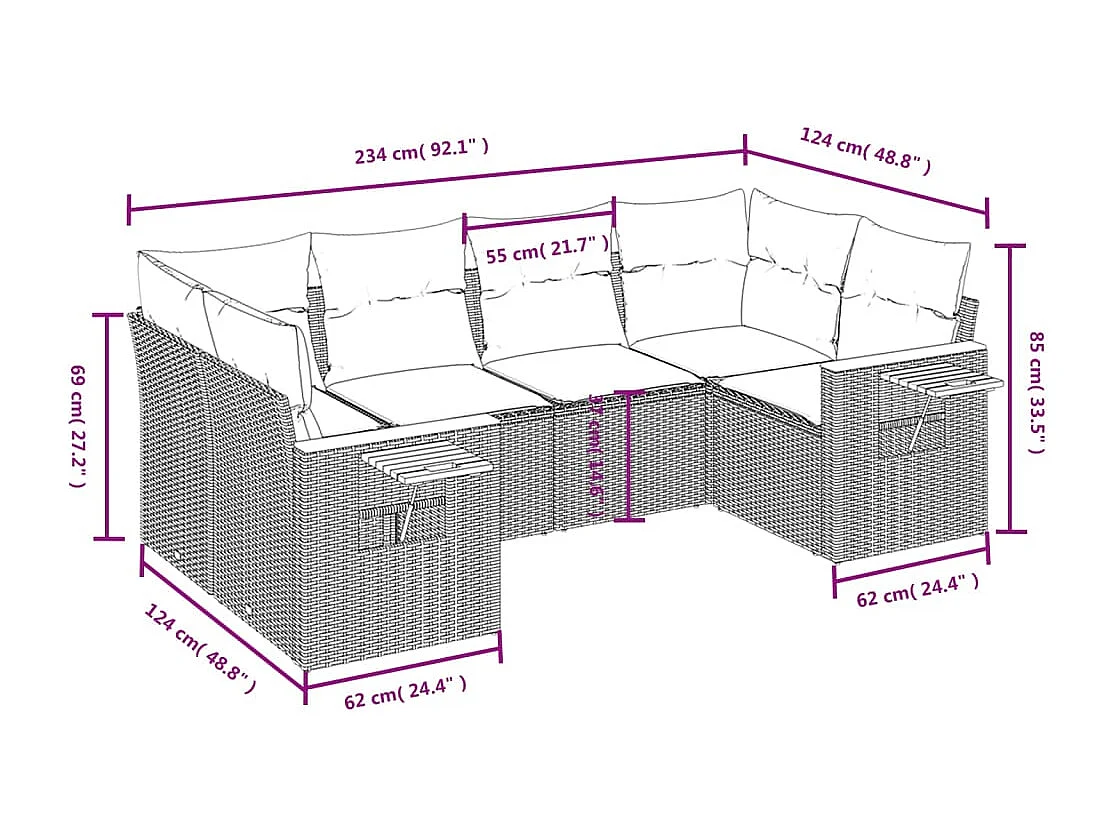 6 pcs conjunto sofás de jardim c/ almofadões vime PE preto PT600423