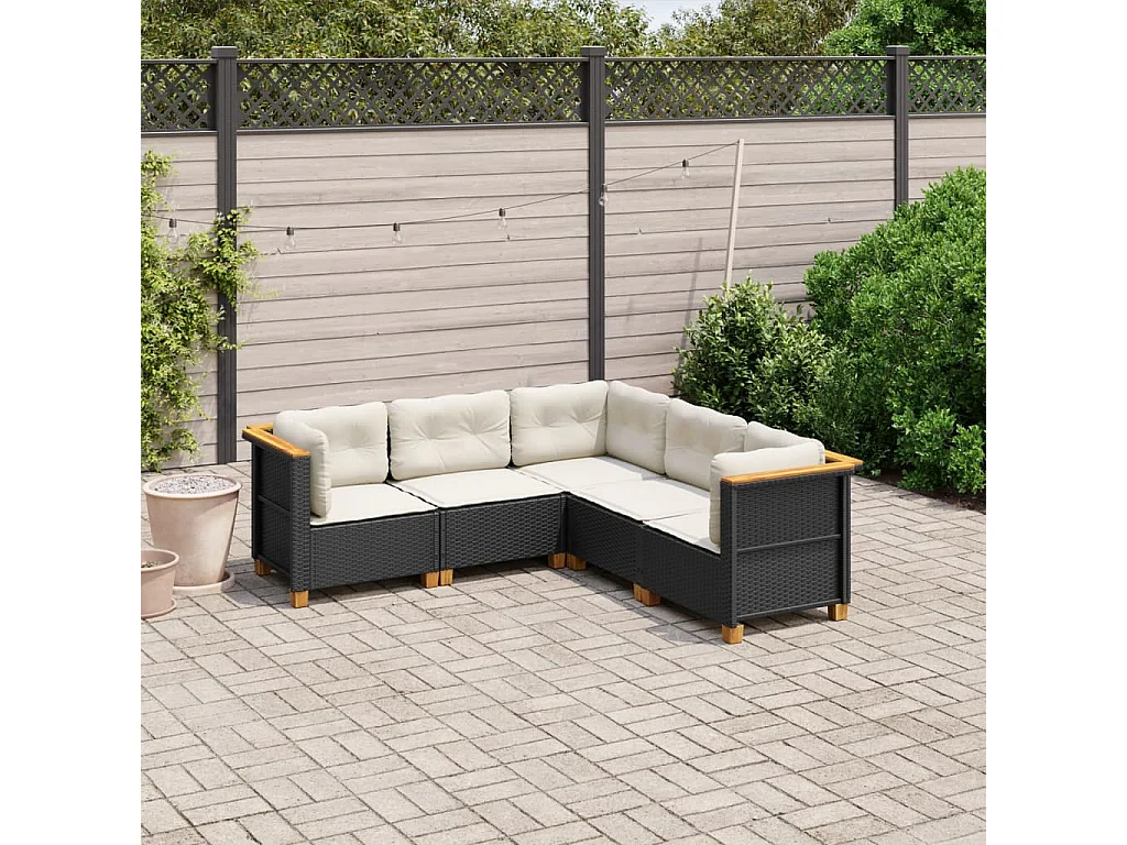 5 pcs conjunto sofás de jardim com almofadões vime PE preto PT522801