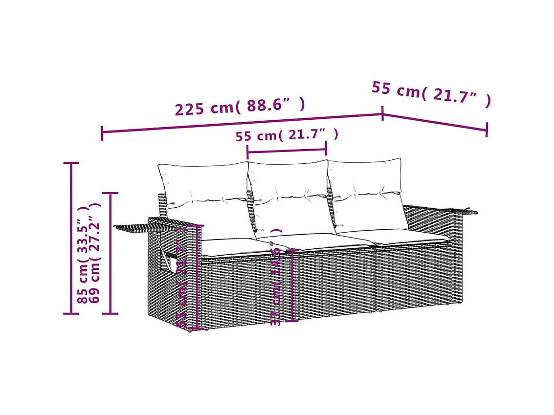3 pcs conjunto de sofás p/ jardim com almofadões vime PE bege PT249725