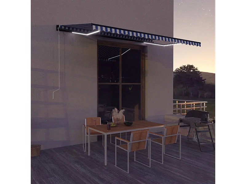 Auvent avec capteur de vent et LED 500x300 cm Bleu et blanc FR29290