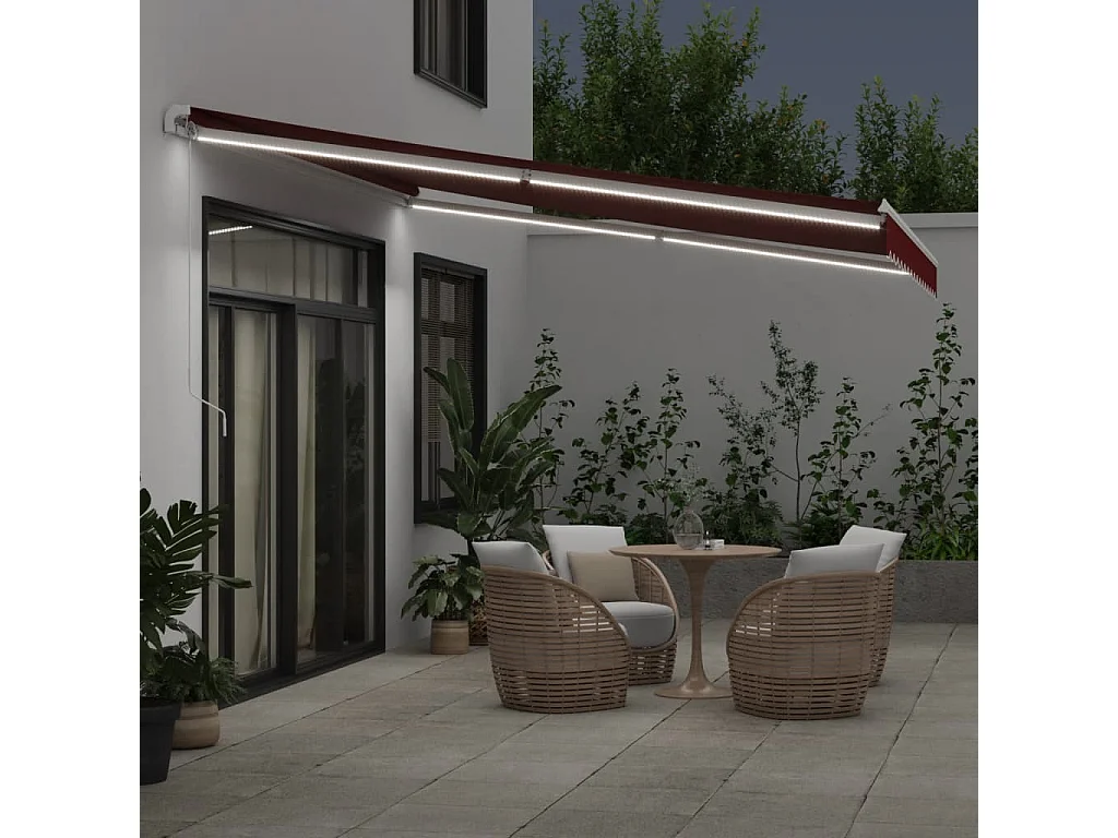 Toldo retráctil manual con luces LED burdeos 400x300 cm ES366022
