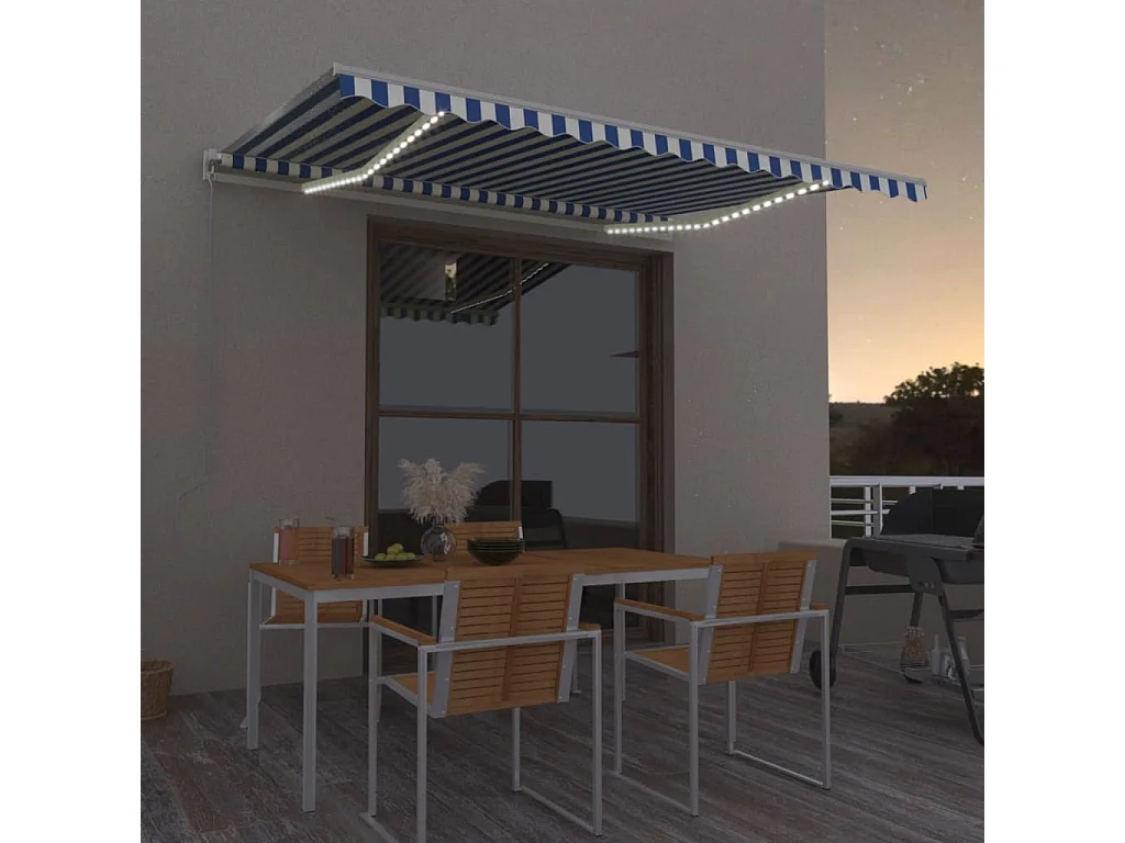 Auvent manuel rétractable avec LED 400x300 cm Bleu et blanc FR22455