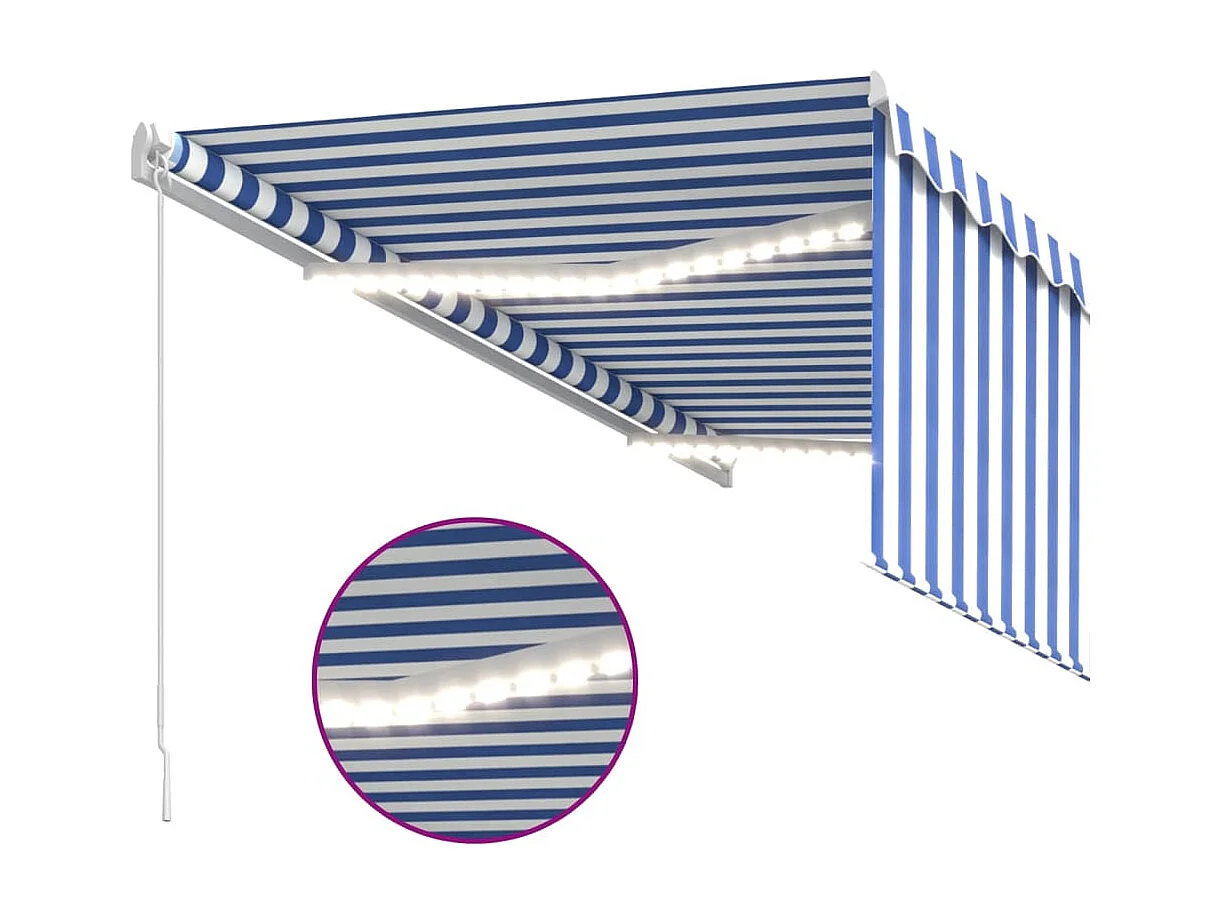 Auvent manuel rétractable et store et LED 3x2,5 m Bleu et blanc FR19682