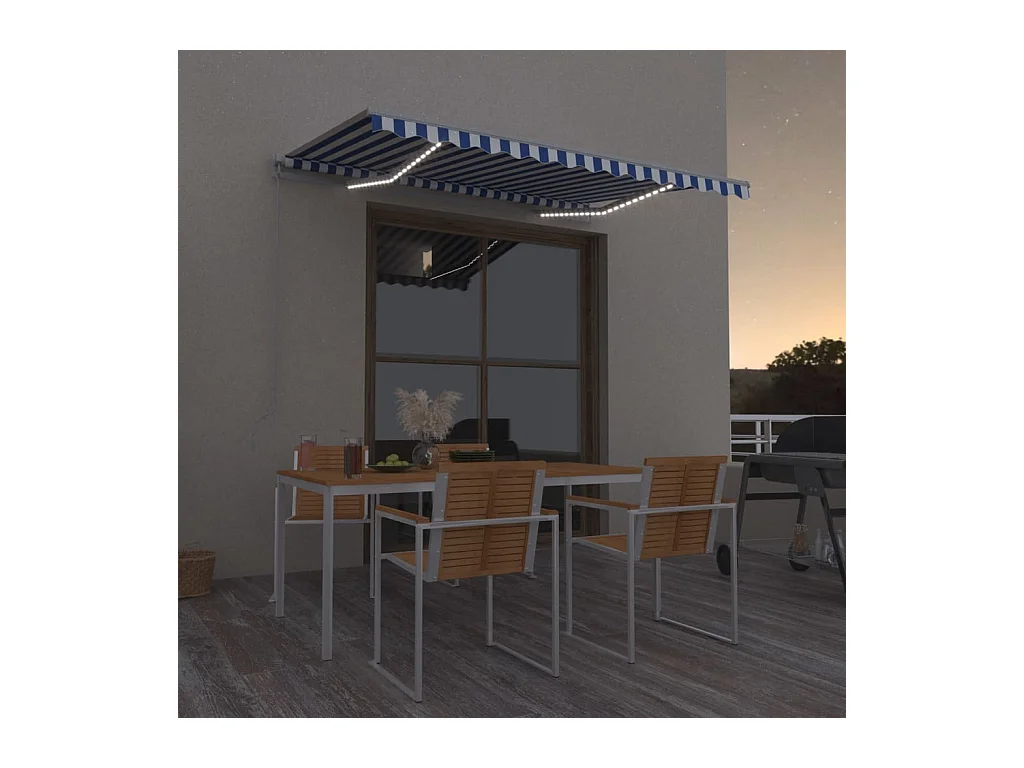 Auvent manuel rétractable avec LED 300x250 cm Bleu et blanc FR83933