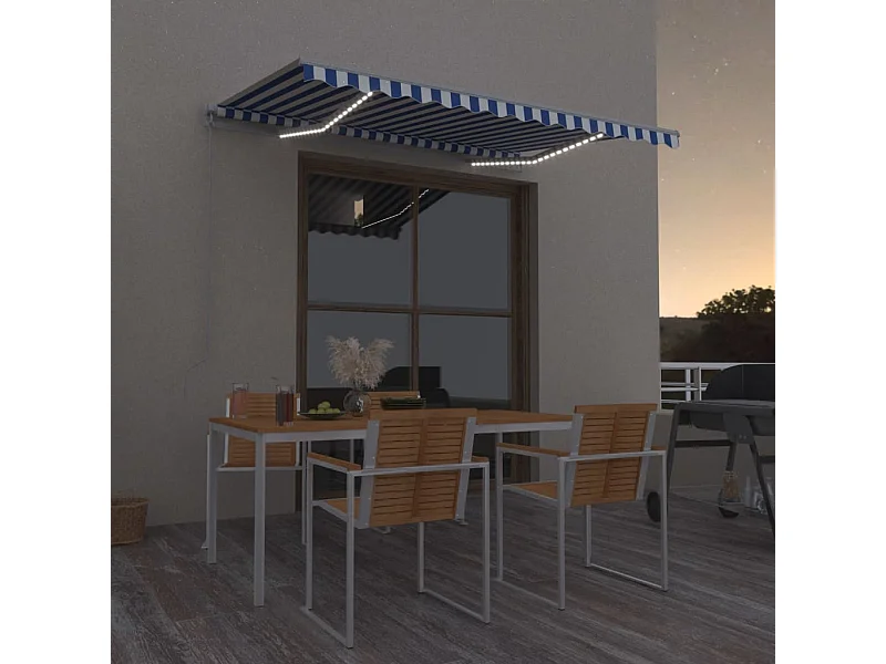 Luifel handmatig uittrekbaar met LED 300x250 cm blauw en wit BE942748