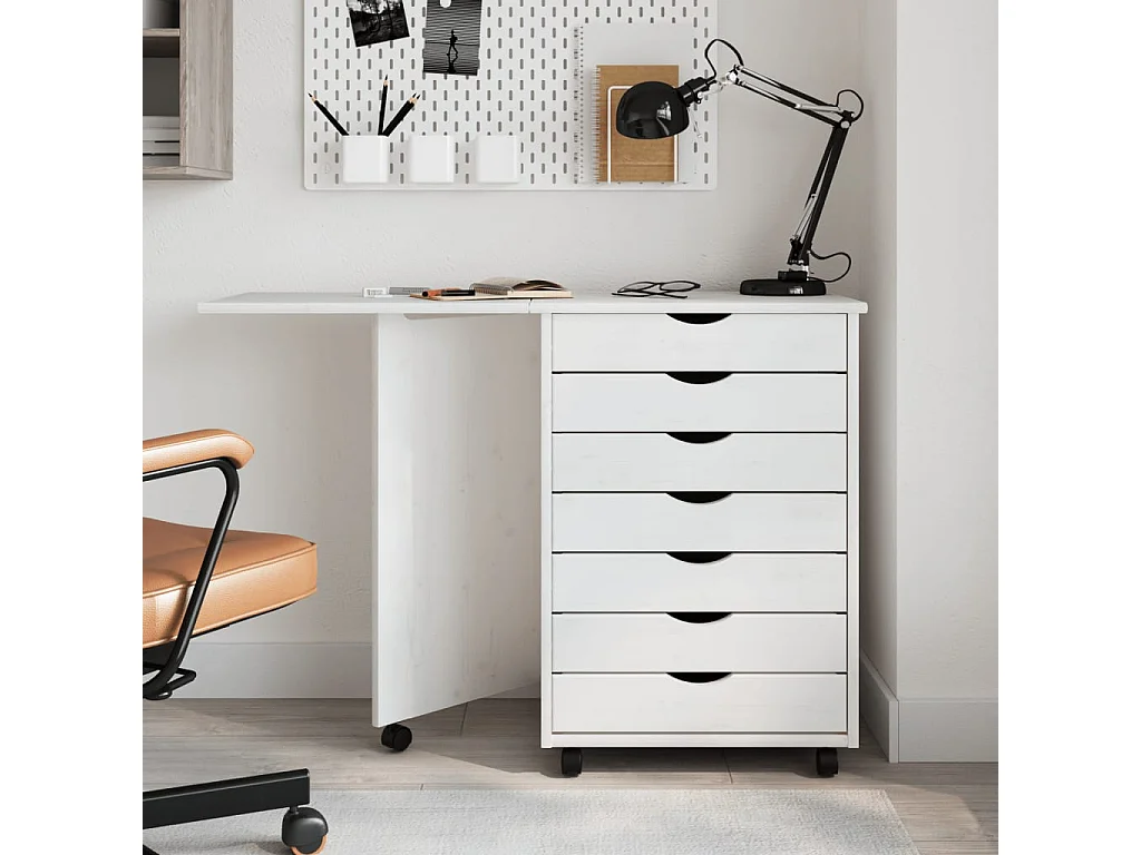 Armoire roulante avec bureau MOSS blanc bois de pin solide FR38552