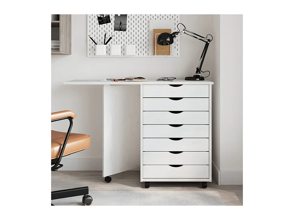 Armoire roulante avec bureau MOSS blanc bois de pin solide FR38552
