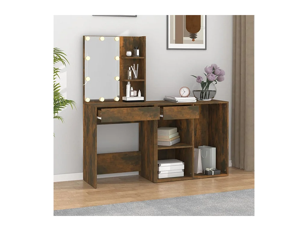 Coiffeuse à LED avec armoire Chêne fumé Bois d'ingénierie FR31870