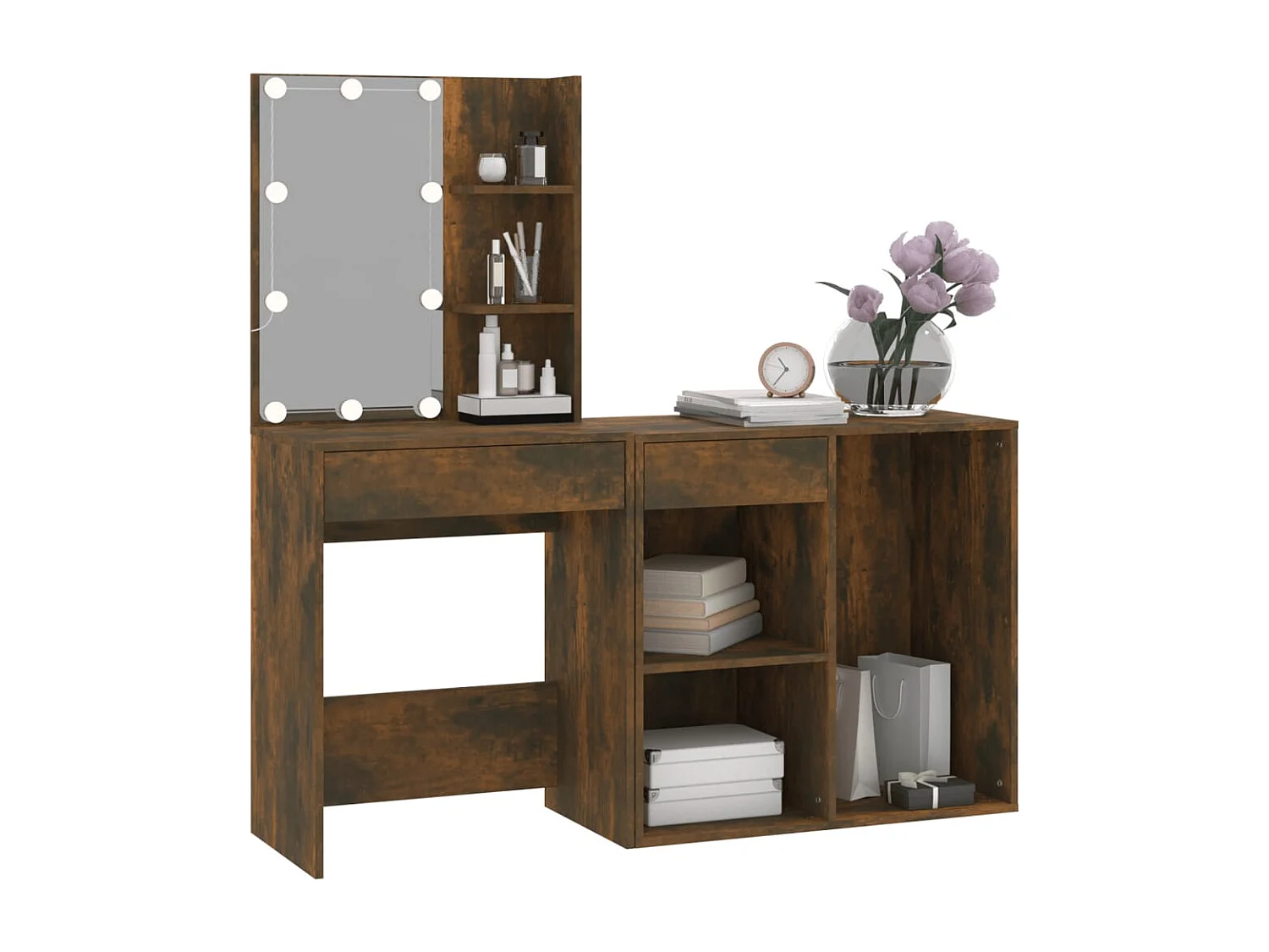 Coiffeuse à LED avec armoire Chêne fumé Bois d'ingénierie FR31870