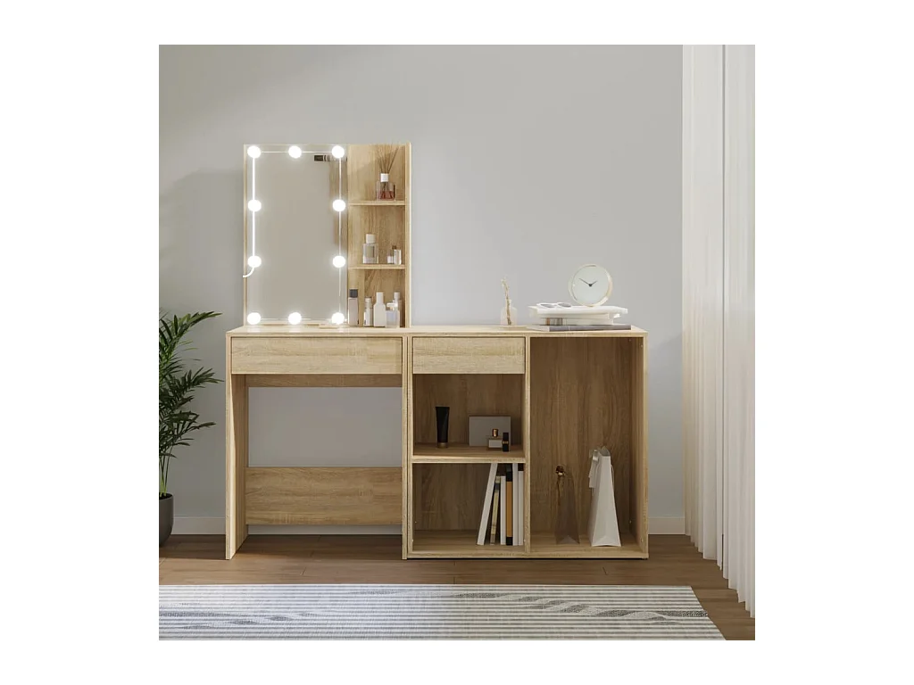 Coiffeuse à LED avec armoire Chêne sonoma Bois d'ingénierie FR43743