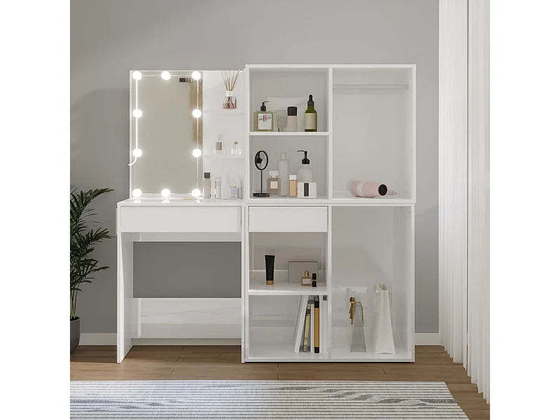 Coiffeuse à LED et 2 armoires Blanc brillant Bois d'ingénierie FR56572