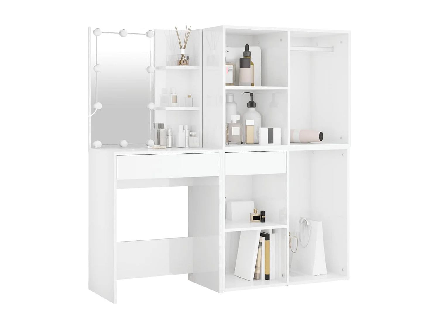 Coiffeuse à LED et 2 armoires Blanc brillant Bois d'ingénierie FR56572