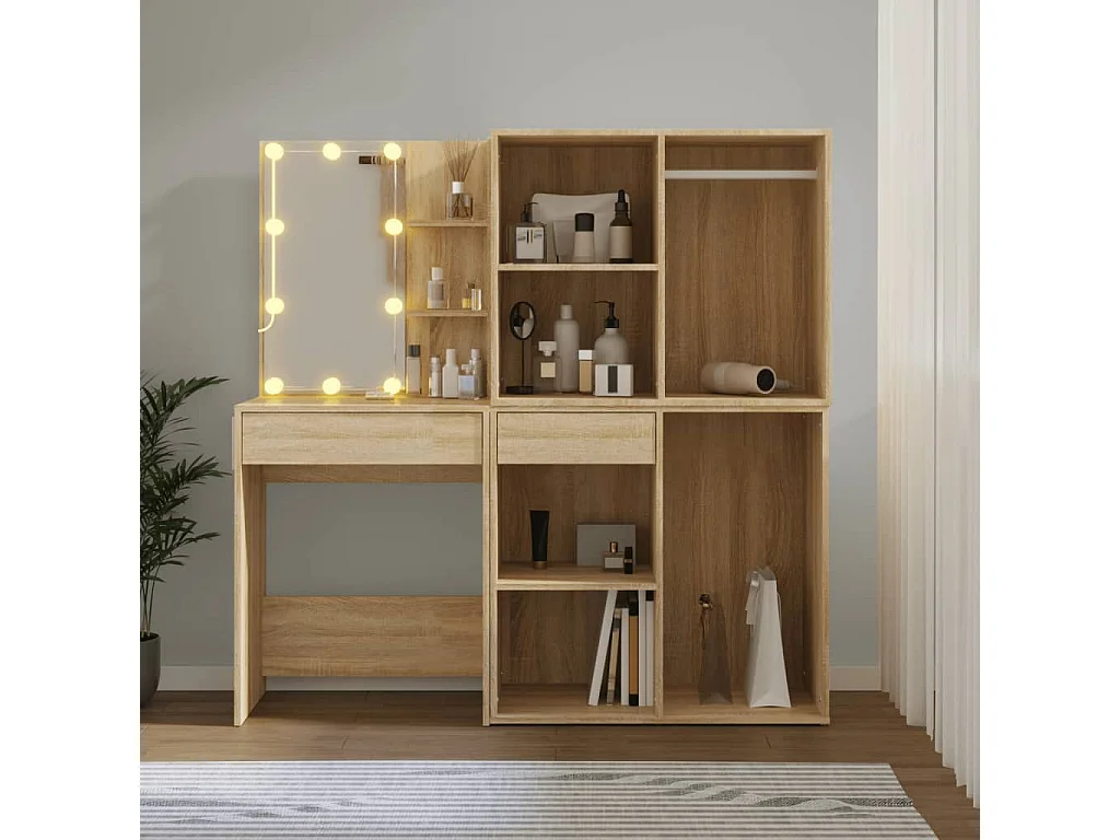 Tocador con LED y 2 armarios madera contrachapada roble Sonoma ES509802
