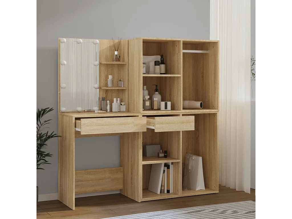 Coiffeuse à LED avec 2 armoires Chêne sonoma Bois d'ingénierie FR34737