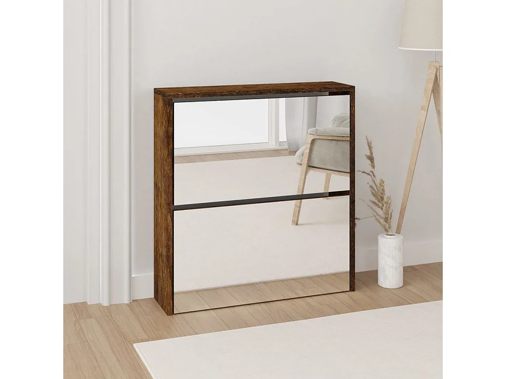 Mueble zapatero con espejo 2 niveles roble ahumado 63x17x67 cm ES249212