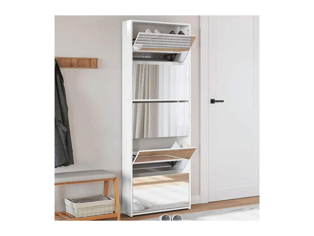 Mueble zapatero y espejo 5 niveles blanco brillo 63x17x169,5 cm ES620717