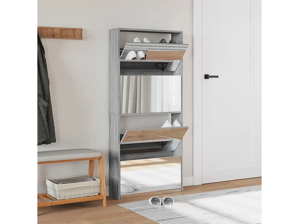 Mueble zapatero con espejo 4 niveles gris Sonoma 63x17x134 cm ES288963