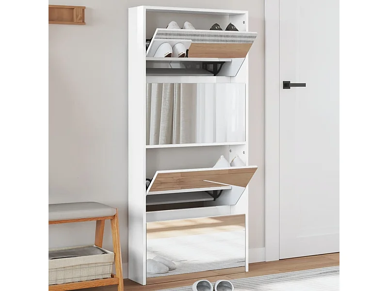 Meuble à chaussures miroir 4 niveaux blanc brillant FR90456