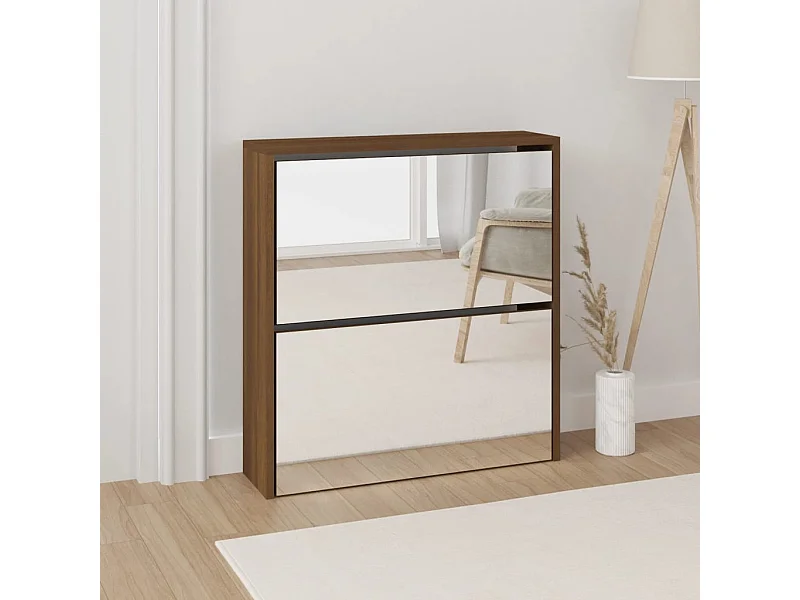 Meuble à chaussures miroir à 2 niveaux Chêne marron 63x17x67cm FR36280