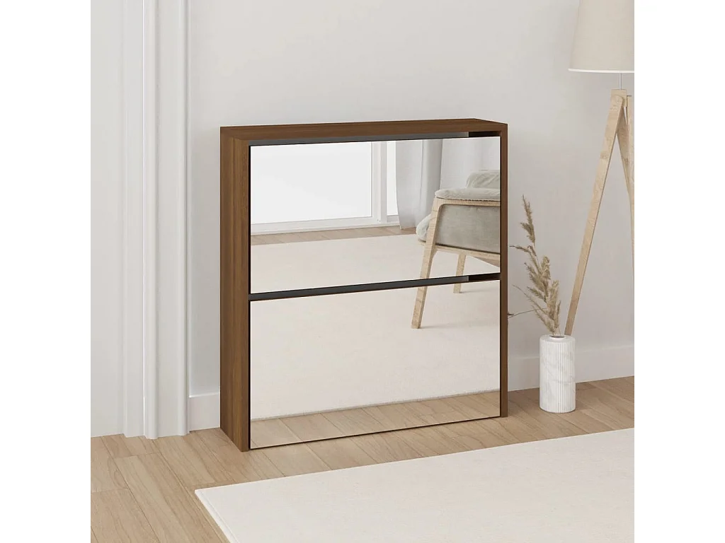Meuble à chaussures miroir à 2 niveaux Chêne marron 63x17x67cm FR36280