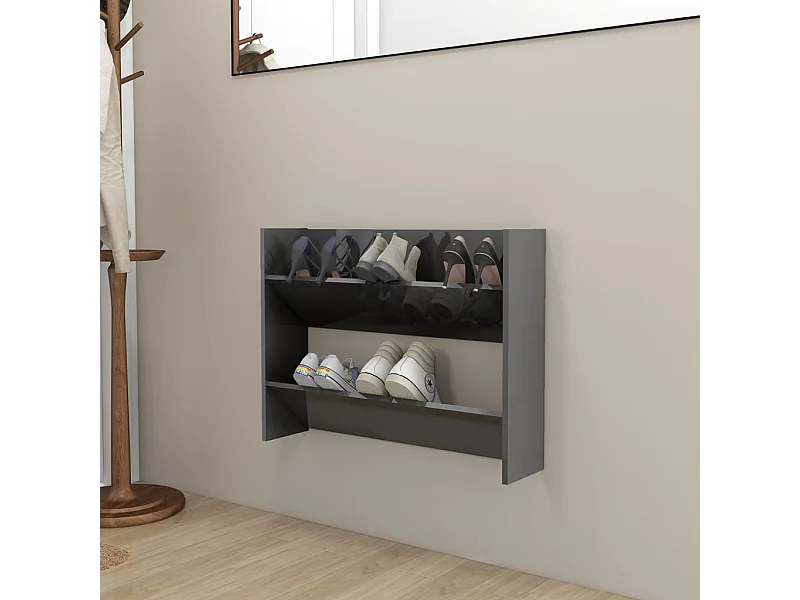 Wandschoenenkast 80x18x60 cm bewerkt hout hoogglans grijs BE350470