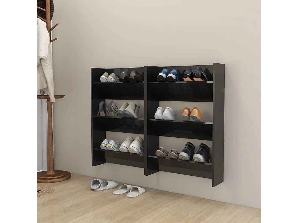 Meubles à chaussures murales 2 pcs noir brillant 60x18x90cm FR79676