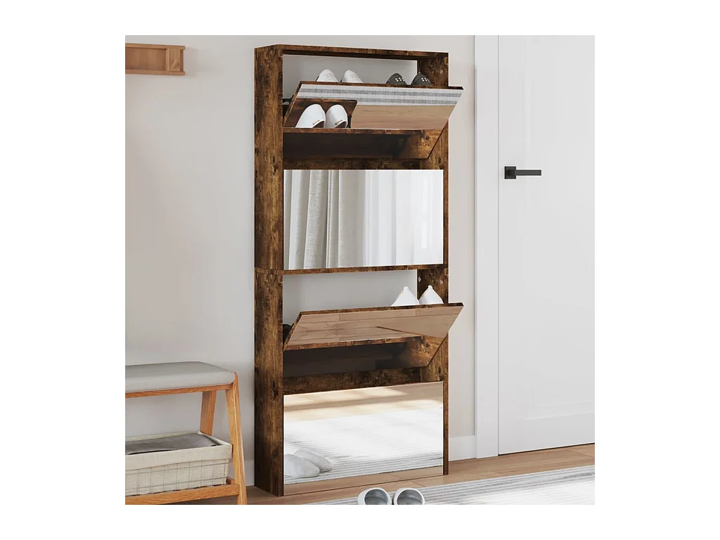 Meuble à chaussures miroir à 4 niveaux chêne fumé 63x17x134 cm FR96793