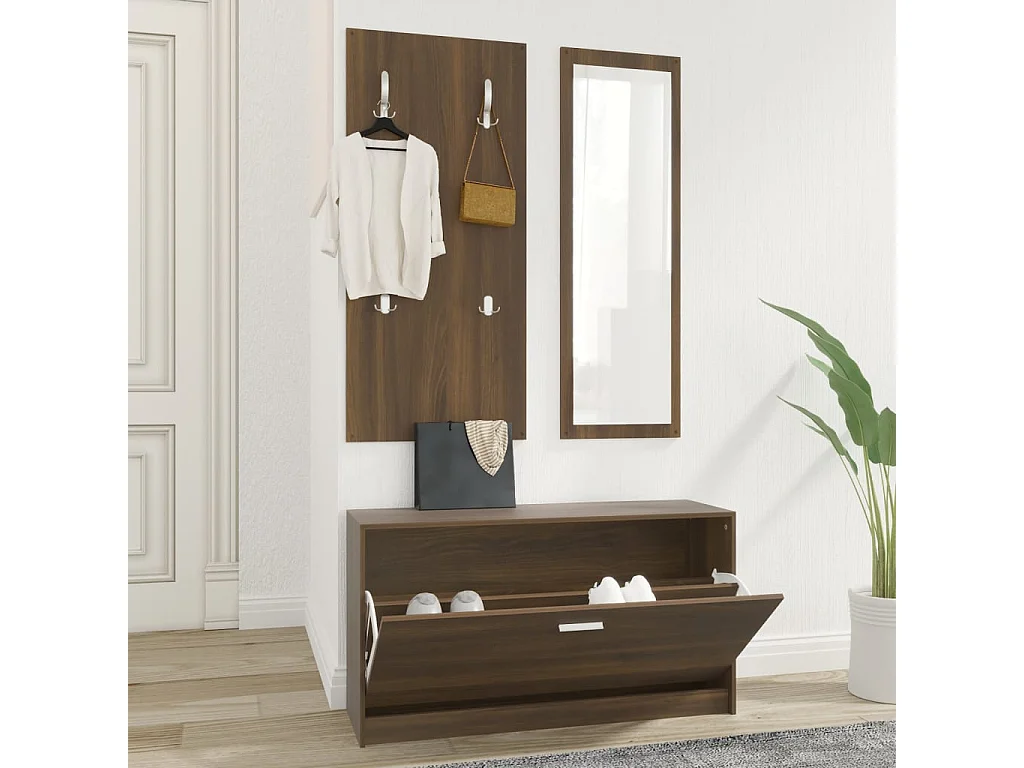 Set de mueble zapatero 3 en 1 madera contrachapada marrón roble ES112708
